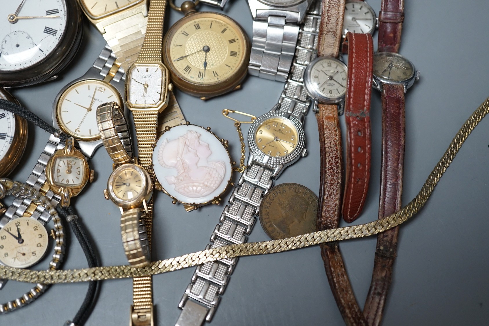 Four assorted pocket watches including tow silver and two gold plated, a brass cased fob watch and a group of sundry lady's and gentleman's mainly modern wrist watches, including Pulsar.